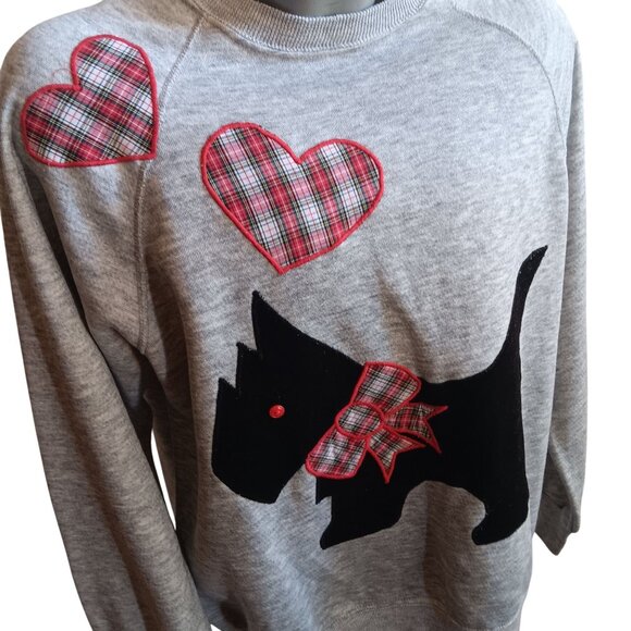 XL Vitnage Gray Sweatshirt With Scottie Dog & Plaid Hearts Applique Cozy Fleece - Picture 1 of 5